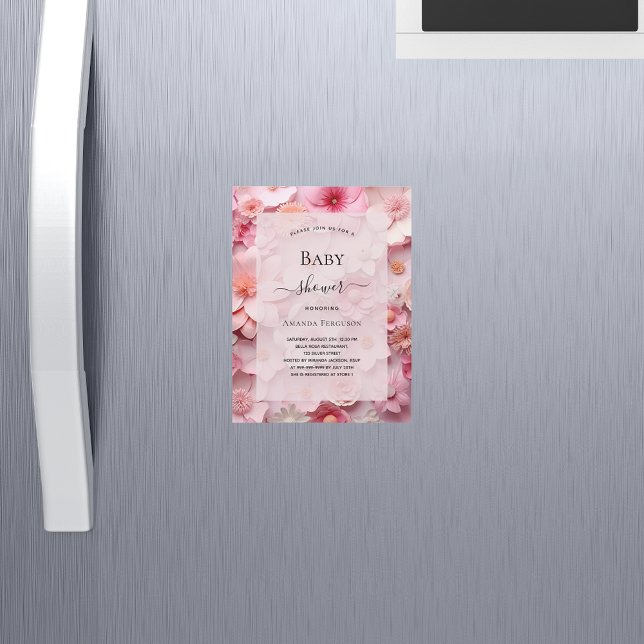 Invitación Magnética chica de flores rosadas de Baby Shower de lujo (Subido por el creador)