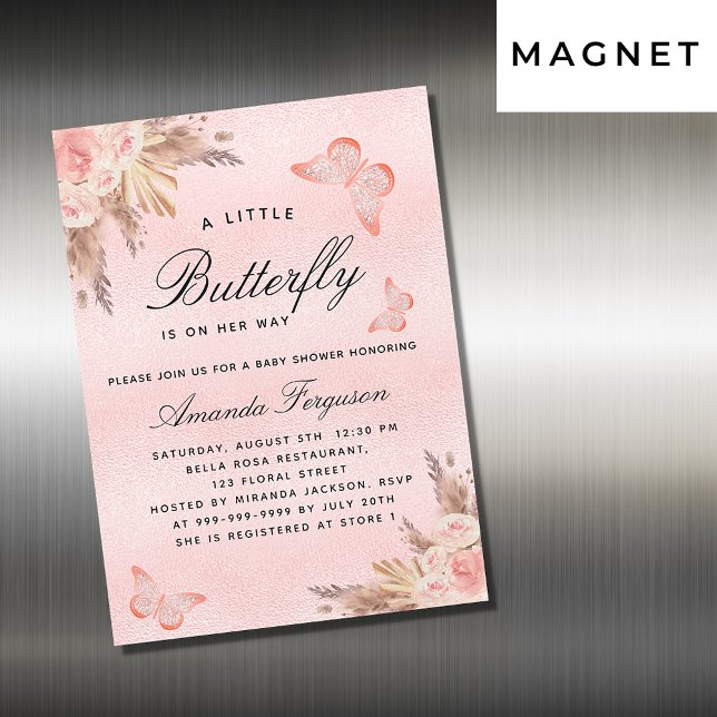 Invitación Magnética chica de mariposa de Baby Shower pampas rosa lujo (Subido por el creador)