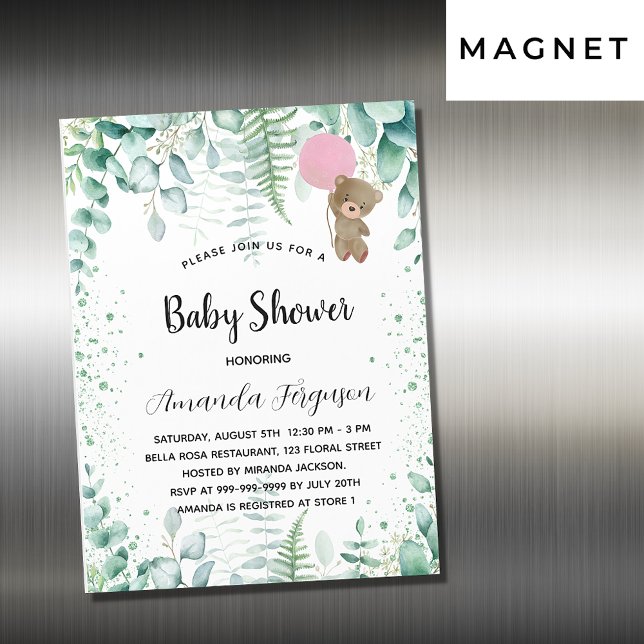 Invitación Magnética chica de osito de peluche de Baby Shower eucalipto (Subido por el creador)
