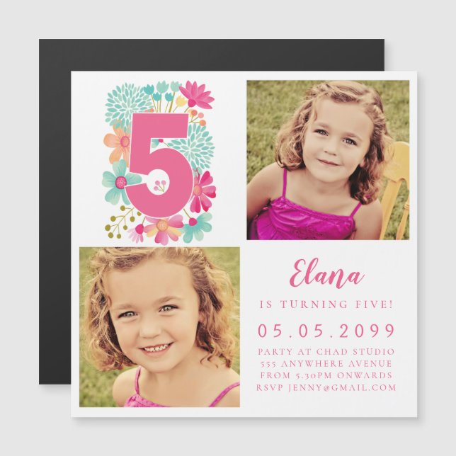 Invitación Magnética CHICAS de MAGNET Rosa número 5 5º cumpleaños foto  (Anverso/Reverso)