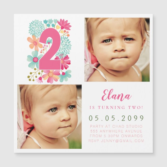 Invitación Magnética CHICAS MAGNET Número de Oro 2 Segundo Cumpleaños F (Anverso)