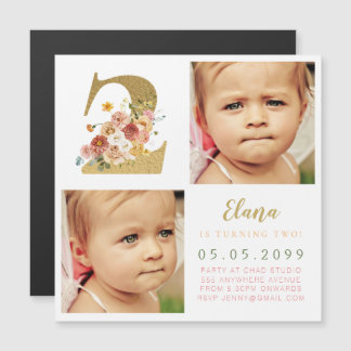 Invitación Magnética CHICAS MAGNET Número de Oro 2 Segundo Cumpleaños F