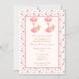 Invitación Magnética Chupetón de gemelas Tema Cigüeña Rosa