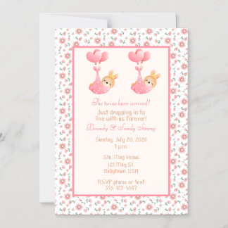 Invitación Magnética Chupetón de gemelas Tema Cigüeña Rosa