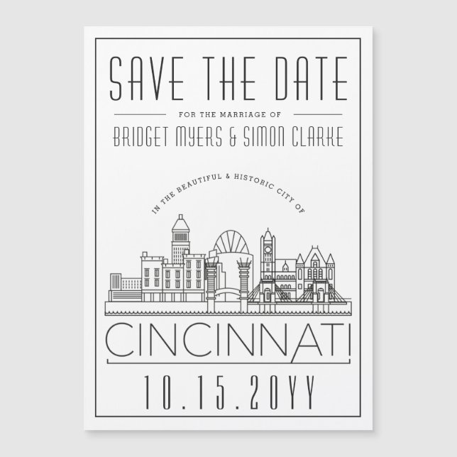 Invitación Magnética Cincinnati Boda Estilizado Skyline Save the Date (Anverso)
