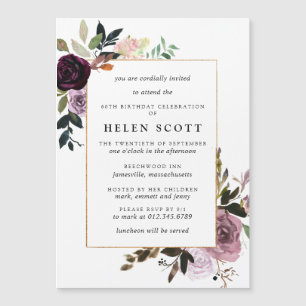 Invitación Magnética Ciruela Púrpura Malva Rosa Floral 60 Cumpleaños