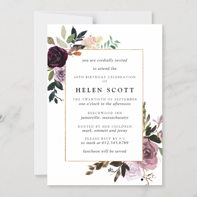 Invitación Magnética Ciruela Púrpura Malva Rosa Floral 60 Cumpleaños (Anverso)