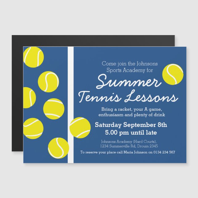 Invitación Magnética Clases de tenis de verano, pista azul y blanca (Anverso/Reverso)