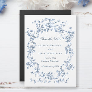 Invitación Magnética Clásico Flores y Cintas Azul Polvoriento Save the