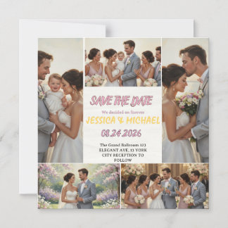 Invitación Magnética Collage de fotos de boda de trío familiar Save the