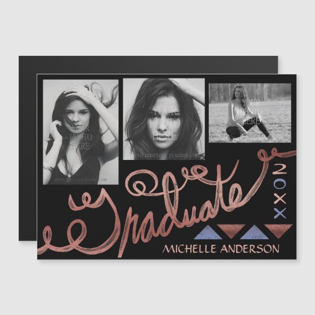Invitación Magnética collage de fotos de texto de Rosa de oro para grad (Anverso/Reverso)