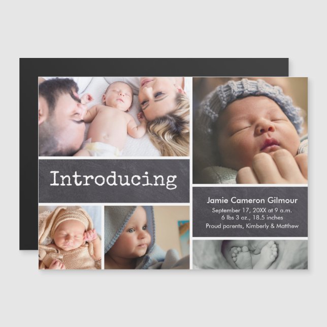 Invitación Magnética Collage de fotos en Chalkboard Presentando al bebé (Anverso/Reverso)