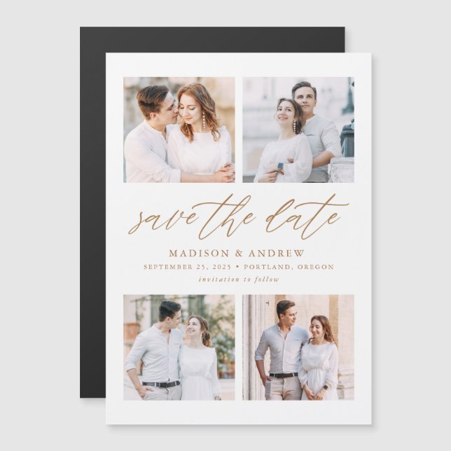 Invitación Magnética Collage de fotos Gold Elegant Script 4 Guardar La  (Anverso/Reverso)