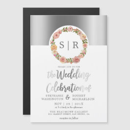 Invitación Magnética Color de agua floral Wreath Silver Script Boda