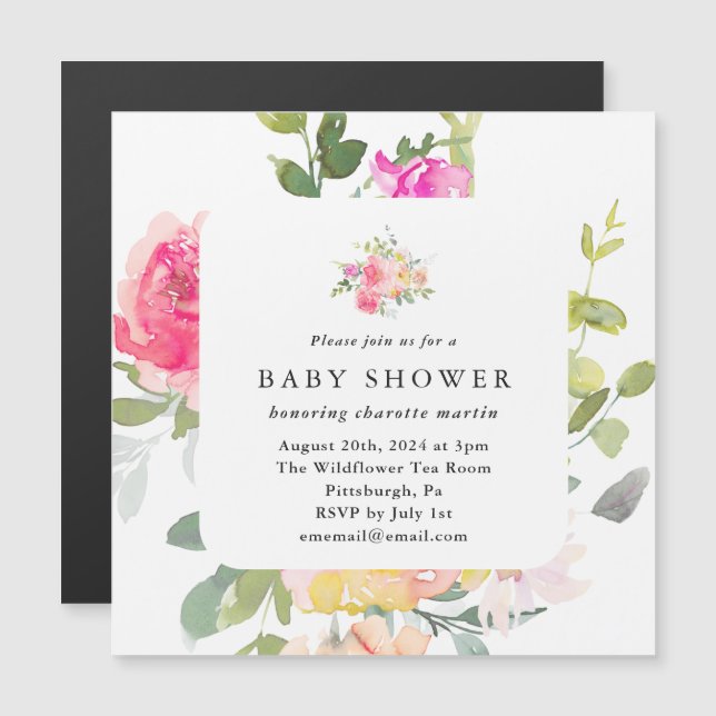 Invitación Magnética Colorida acuarela Floral Baby Shower (Anverso/Reverso)