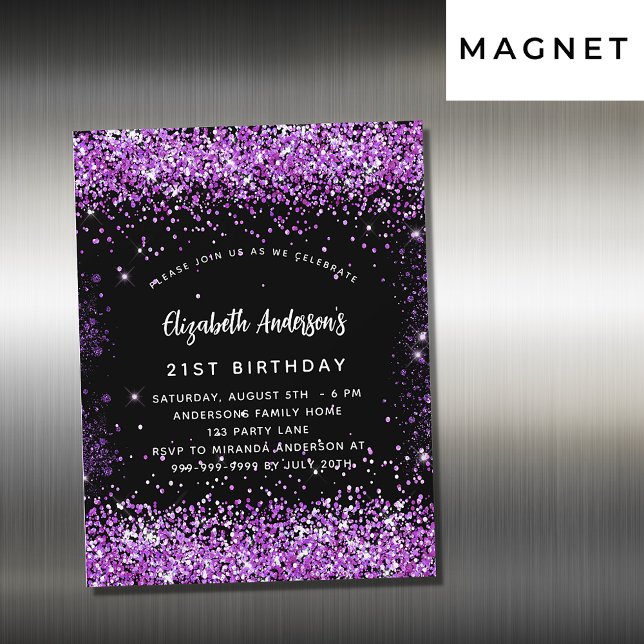 Invitación Magnética Confeti morado negro de cumpleaños (Subido por el creador)
