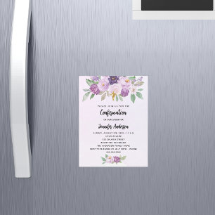 Invitación Magnética Confirmación de flores violetas verde cruz lujo