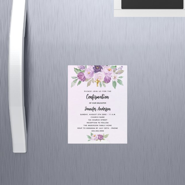 Invitación Magnética Confirmación de flores violetas verde cruz lujo (Subido por el creador)