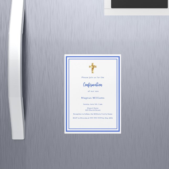 Invitación Magnética Confirmación del niño blanco azul real (Subido por el creador)