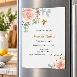 Invitación Magnética Confirmación eucalipto rubor rosa floral niña