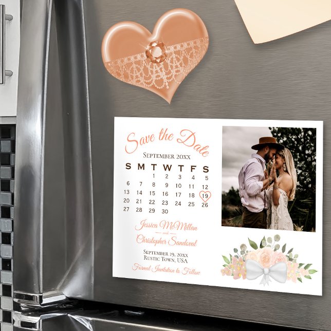 Invitación Magnética Coral Peach Floral Calendar & Photo Save the Date (Magnetic for Easy display!)