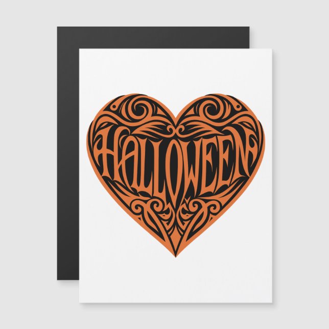 Invitación Magnética Corazón de Halloween, Corazón Naranja, Fiesta (Anverso/Reverso)