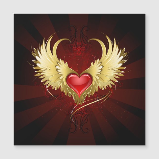 Invitación Magnética Corazón Rojo con Alas Doradas (Anverso)
