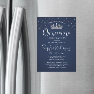 Invitación Magnética Corona de Quinceañera Elegantes Destellos Azul Mar