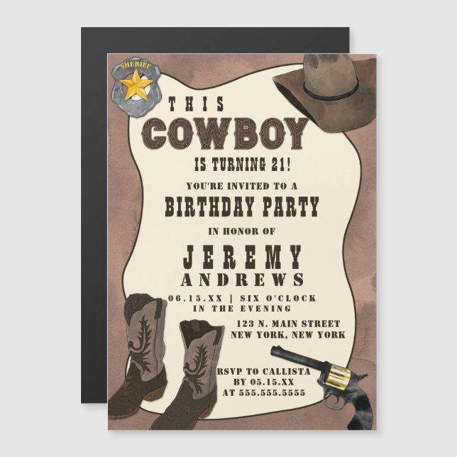 Invitación Magnética Country Brown Cowboy Watercolor Birday (Anverso/Reverso)