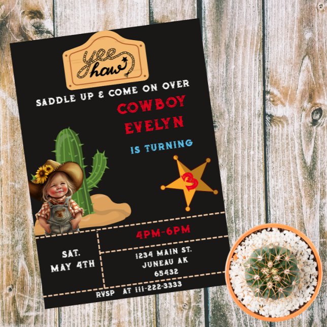 Invitación Magnética Cowboy Cactus Fiesta Chica de cumpleaños (Subido por el creador)