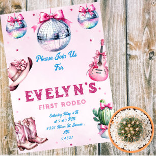 Invitación Magnética Cowboy Fiesta Cactus, guitarra rosa, cumpleaños