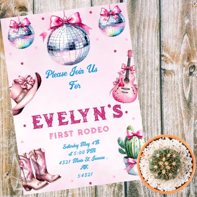 Invitación Magnética Cowboy Fiesta Cactus, guitarra rosa, cumpleaños (Subido por el creador)
