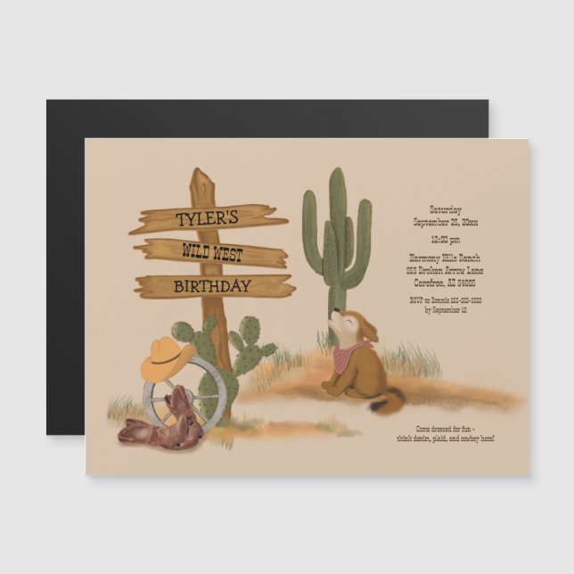 Invitación Magnética Cowboy Wild West Rustic Fun Cumpleaños (Anverso/Reverso)