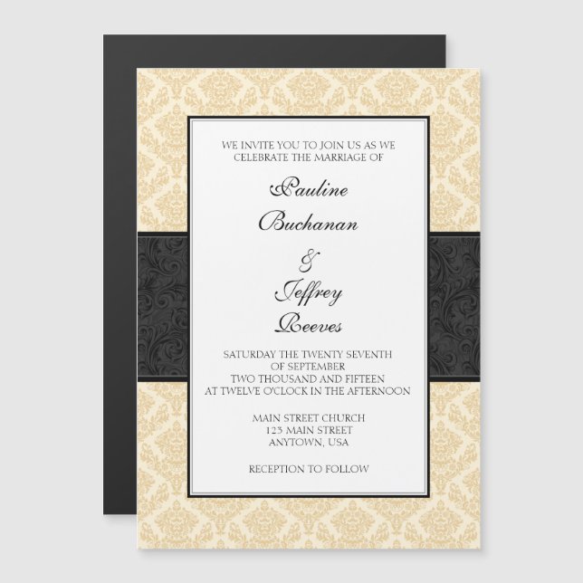 Invitación Magnética Cream Brown Black Damask Magnetic Wedding Invita (Anverso/Reverso)