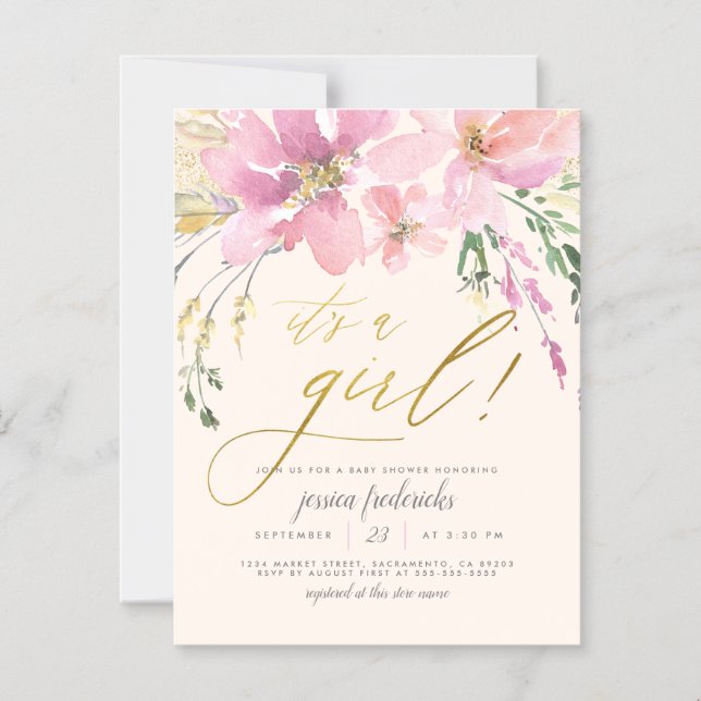 Invitación Magnética Cream Rubor & Gold Es un Chica Floral Baby Shower (Anverso)