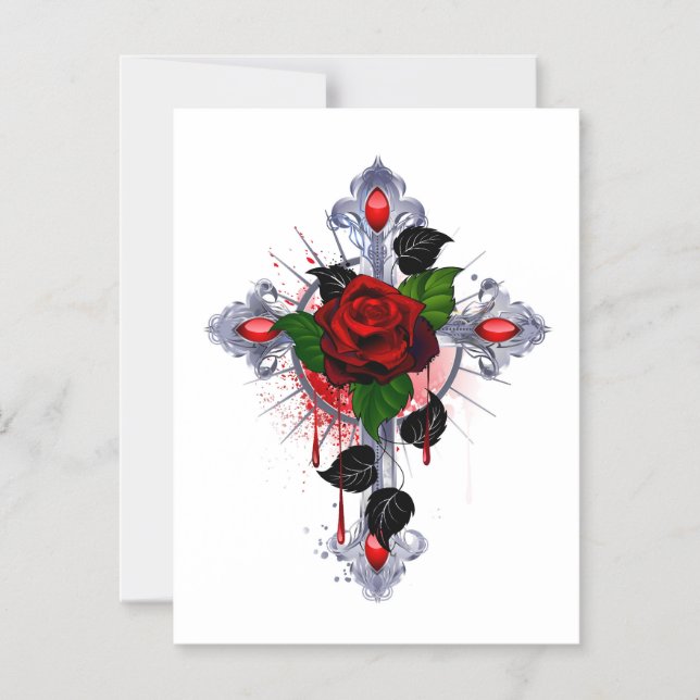 Invitación Magnética Cruz de Plata con una Rosa Roja (Anverso)