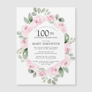 Invitación Magnética Cumpleaños 100 de Rosa Rosa Floral Eucalipto