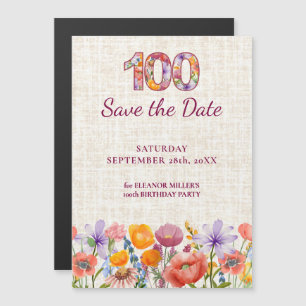 Invitación Magnética Cumpleaños 100 de Wildflower, guárdala la fecha