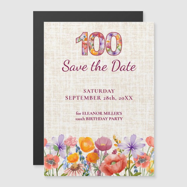 Invitación Magnética Cumpleaños 100 de Wildflower, guárdala la fecha (Anverso/Reverso)