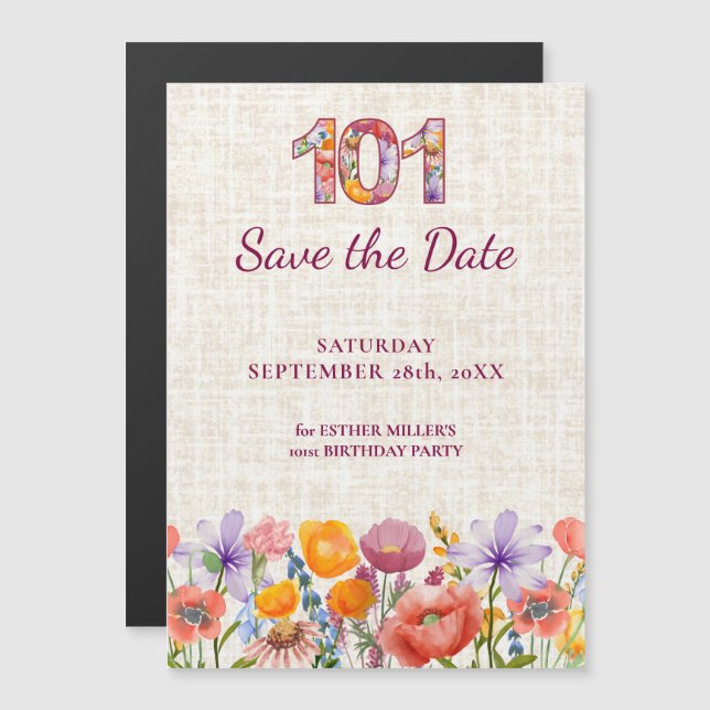 Invitación Magnética Cumpleaños 101 de Wildflower: guarda la fecha (Anverso/Reverso)