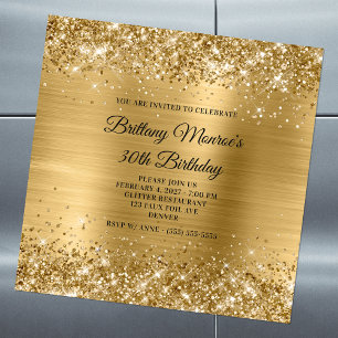 Invitación Magnética Cumpleaños 30 Brillante con Hoja de Oro