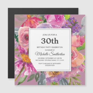 Invitación Magnética Cumpleaños 30 Flor Silvestre Rosa Púrpura Cuadrado