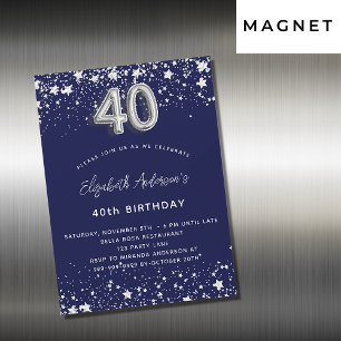 Invitación Magnética cumpleaños 40 azul marino estrellas plateadas lujo