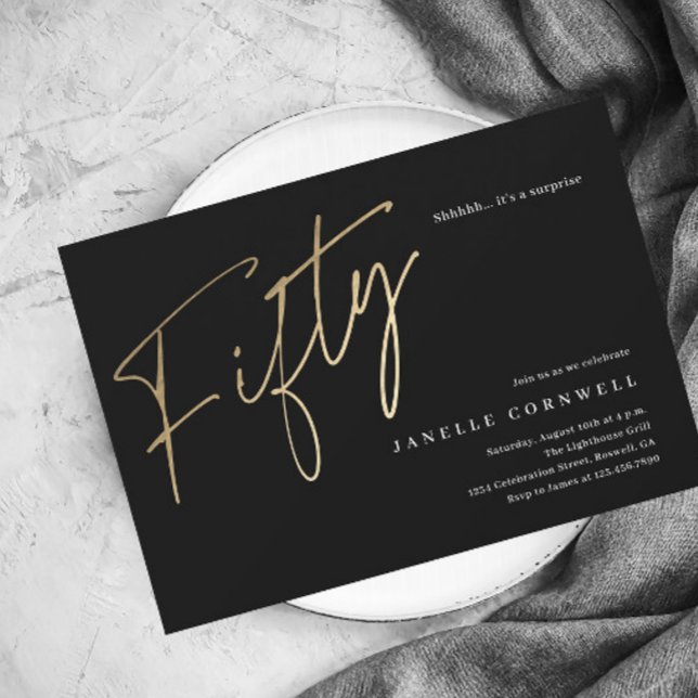 Invitación Magnética Cumpleaños 50 Minimal Script Negro Oro (Subido por el creador)
