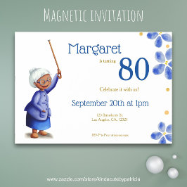 Invitación Magnética Cumpleaños 80 de la abuela floral azul negra
