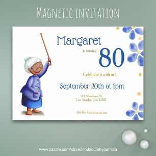 Invitación Magnética Cumpleaños 80 de la abuela floral azul negra