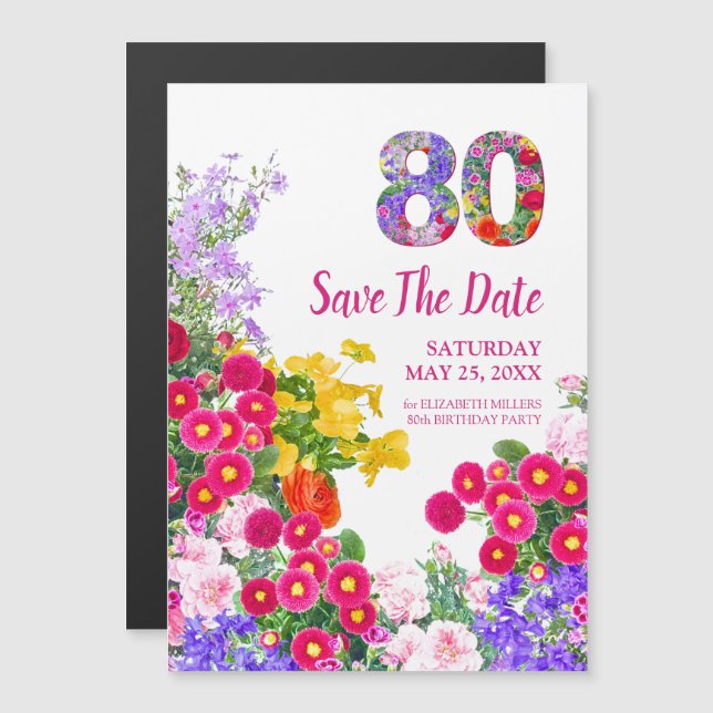 Invitación Magnética Cumpleaños 80 floral moderno Save The Date (Anverso/Reverso)