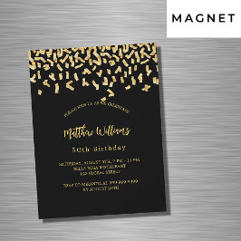 Invitación Magnética Cumpleaños confeti de oro negro lujo