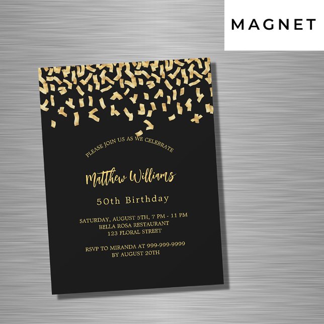 Invitación Magnética Cumpleaños confeti de oro negro lujo (Subido por el creador)