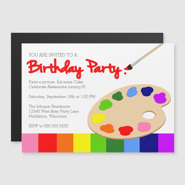 Invitación Magnética Cumpleaños de Fiesta de pintura infantil Rainbow (Anverso/Reverso)
